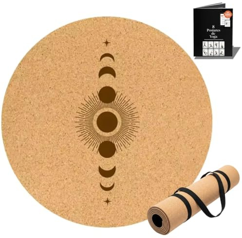 Yogamatte, rund, aus Naturkork, 68 cm, 5 mm dick, rutschfest, umweltfreundlich, saugfähig und atmungsaktiv, präzise 3D-Gravur, ideal für Yoga, Pilates, Meditation (Sonne und Mond)