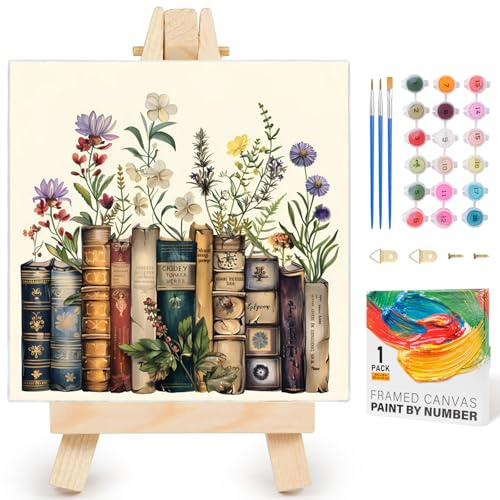 Fountor Book Paint by Numbers for Adults with Frame Beginner 25x25 CM | Framed Canvas, Flowers DIY Acrylic Painting by Numbers for Adults, Stress Relief Craft Kit, Home Wall Decor Gift, No Easel