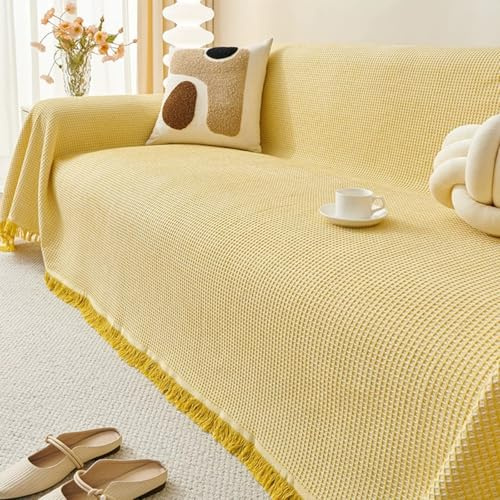 Hearda Sofa Überwurfdecke, Sofaüberwurf Decke Couch Überwürf mit Quasten Einfarbig Couchdecke Überwurf 1 2 3 4 5 Sitzer L Form Ecksofa Sofadecke Sessel Decke Sofa Überzug (Gelb,180x420cm)
