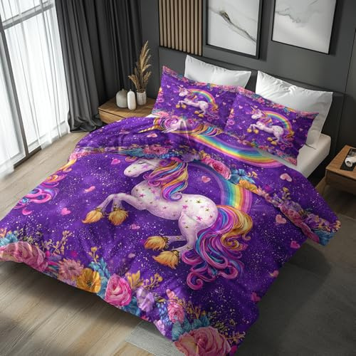 Generisch Housse De Couette Poney 220x240 Adulte Enfant Motif Rainbow Cheval Rose Cœur Parure De Lit 220x240 2 Person avec Fermeture éclair, 2 Taie d'oreiller, Linge De Lit 100% Microfibre, LS9266