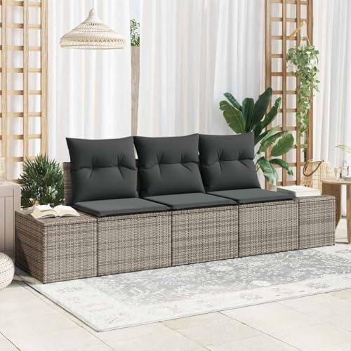 Bucmath Garten Loungeset aus Poly-Rattan, 3-teilig, Grau, modular, mit Kissen & Stauraum, UV-beständig, wetterfest, für Terrasse & Balkon, leicht, modernes Outdoor Möbel Set