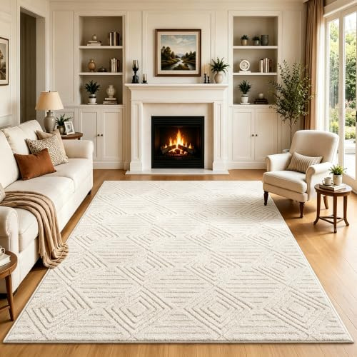 Capslpad Teppich Wohnzimmer 160x230cm, Großer Kurzflor Waschbarer Teppiche 3D Effekt Flauschige rutschfest Carpet für Kinderzimmer Esszimmer Küchen Schlafzimmer, Creme