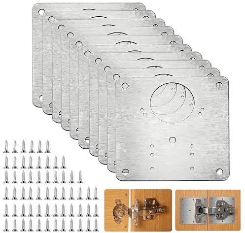 UMCHU 10 pzs Placa Reparación Bisagra, para muebles de madera,con tornillos | Acero inoxidable, diseño bidireccional perforado, 79×79mm, Plateado,permite fijar firmemente la bisagra al panel de la puerta