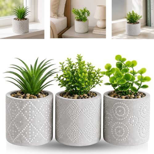 HOVUK 3x Artificial Mini Plants in Cement 14cm Flower Pots, Assorted Stonecrop, Jade & Aloe Vera Faux Indoor Plants, Grey Circle Pattern Decorative Planters for Office & Modern Home Décor