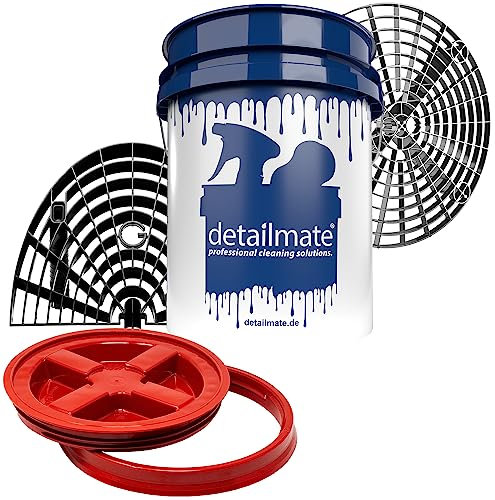 Detailmate Professional Car Cleaning Set Grit Guard Wash Bucket 5 Gal (20 Litres)/Gamma Seal Bin Lid/Tray/Wash Board, Einsatz Silber + Waschboard, Deckel rot