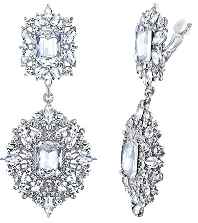 EVER FAITH Vintage Baumeln Chandelier Ohrclips Vintage Party Gatsby | Auffällig Art Deco Clips on Ohrringe glamouröser Look für Damen Klar Silber-Ton