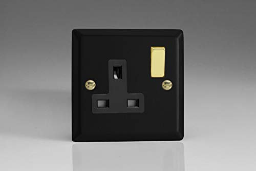 Varilight Single Switched Socket - Vogue Matt Black With Polished Brass/Black Insert