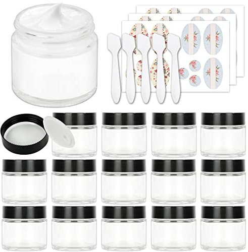 15 Pack 2 oz 60 ml Clear Round Glass Jars with Black Lids & Inner Liners, Empty Refillable Cosmetic Container Jars, Prefect for Slime,Beauty Products,Lotion,Powders & Ointments