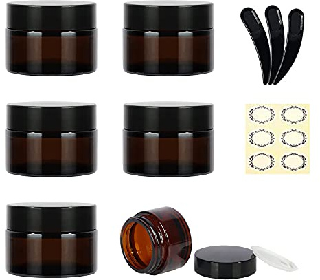 Yalbdopo Lot de 6 conteneurs vides en verre ambré pour échantillons de produits cosmétiques avec couvercles en plastique noir et doublure intérieure – Mini pots de voyage rechargeables pour