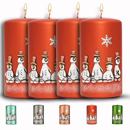 WIKAKERZEN Weihnachtskerze für Adventskranz – 4 Set 13x7cm - Schneemänner - Stumpenkerze aus hochwertigem Paraffinwachs mit Baumwolldocht - Adventskerze RAL zertifiziert (Copper)