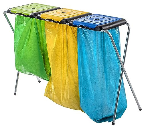KADAX Ständer für Mülltrennung, stabiler Müllsackhalter mit Kunststoffdeckel, Müllsackständer, Abfallbehälter, Müllbeutelhalter, Müllständer (Dreifach)