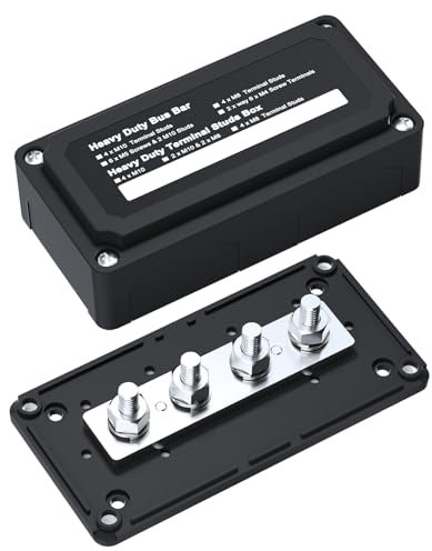 AMOMD 300A Bus Bar Box Nickel Plated Brass Power Distribution Block with 4xM8 (5/16 inch) Terminal Studs Negative Ground Battery Junction Block Buss Bar with Cover DC12 24 48V for Trailer Marine
