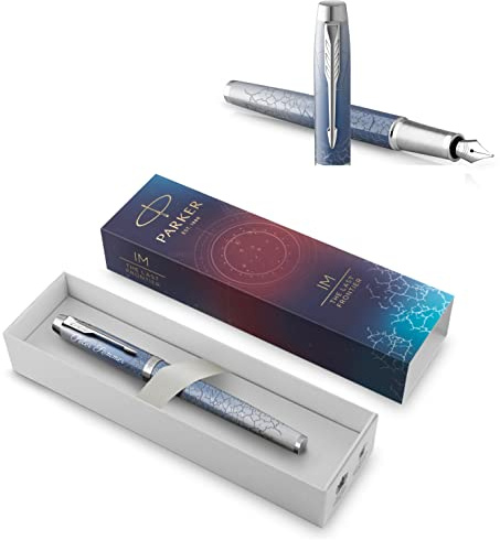PARKER IM Premium Füllfederhalter mit Gravur | Premium Stift | Geschenkbox | blaue Tinte | personalisiertes Geschenk | Namen | graviert | Füller | Geburtstag (S.E. Polar (Silver))