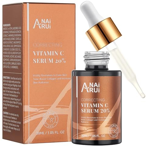 ANAiRUi Vitamin C Serum für das Gesicht mit Hyaluronsäure, Vitamin E Gesichtsserum - Hyaluron Skincare - Anti Falten/Aging - hellt die Haut auf - reduziert feine Linien, dunkle Flecken, 30 ml