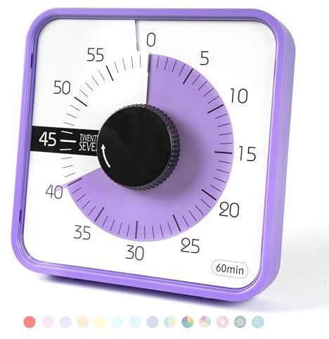 Minuterie visuelle de 19 cm; Compte à rebours de 60 Minutes et 1 Heure – Outil d'enseignement pour Salle de Classe, réunion, Compte à rebours mécanique pour Enfants, Gestion du Temps, Violet