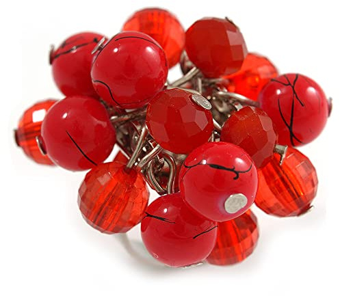 Avalaya Bague grappe de perles en verre rouge et céramique en métal argenté - Réglable 7/8
