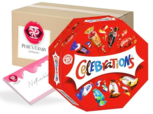 Pere's Candy Bundle für 4 x 186 g Celebrations Geschenkbox Mini-Schokoriegel Mix, Twix, Snickers + Pere's Candy Notepad DIN A7-25 Blatt