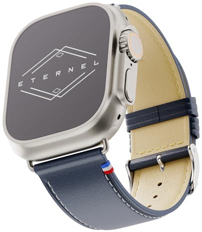 Eternel - Simple tour Bracelet iconique - Compatible toutes Apple Watch - 45/46mm - Fait main en France - Tannage végétal - Bleu Marine - Adaptateurs titane ultra