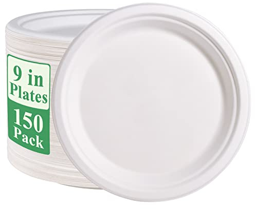 Vplus 150 Pack Paper Plates 9 inch 100% Compostable, Heavy-Duty Disposable Paper Plates Bagasse Natural Biodegradable Eco-Friendly Sugarcane（White）