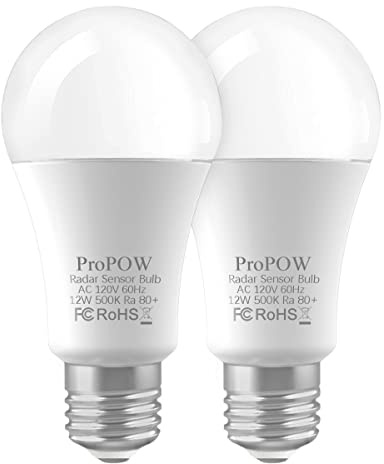 ProPOW Radar Motion Sensor Light Bulbs, A19 12W (100 Watt Equivalent) Daylight E26 Outdoor Auto on/Off Motion Detector Lights for Outside, Porch, Garage, Driveway, Patio,(1100LM, 2-Pack)