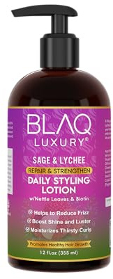 Blaq Luxury Sage & Lychee Daily Styling Lotion - Formula for Easy Styling and Frizz Control - Infused with Biotin and Natural Botanicals - Promotes Hair Repair, Growth, and Manageability - 12oz
