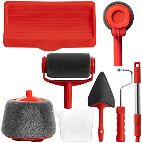 Jazooli Multifunction Foam Paint Roller Decorating Kit Easy Clean Brush Sponge Set Tray Edge Edging Edger Corner Pad Tool with Extendable Telescopic Pole