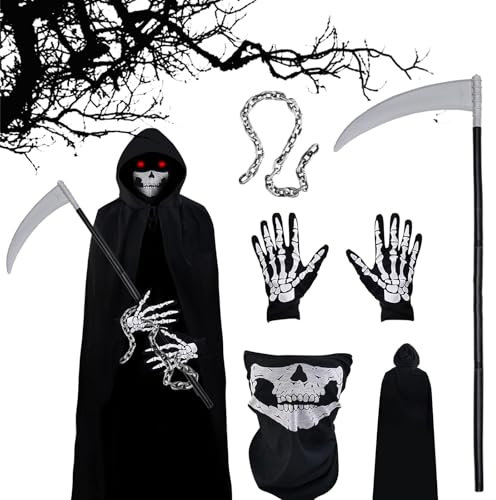 TKGEOUE Sensenmann Kostüm Umhang Set, mit Schädelmaske, Handschuhen, Sense für Halloween Karneval Cosplay. (A)