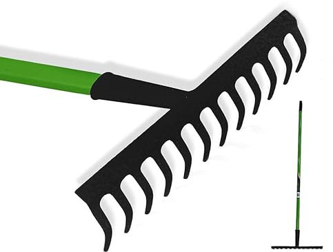 GBS 12 Teeth Garden Rake - 33W x 120H cm Heavy Duty Metal Soil Rake with Anti Slip Rubber Handle - Lawn & Garden Levelling Rake for Soil, Grass, Leaves & Landscaping