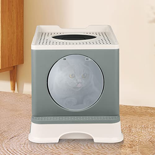 Bac à Litière Pliable pour Chaton avec Couvercle, Maisons de Toilette pour Chats, Litiere pour Chat Fermée, Bac à Litière pour Chat avec Pelle, Plateau Amovible (48 * 39 * 34cm/Gris/E)