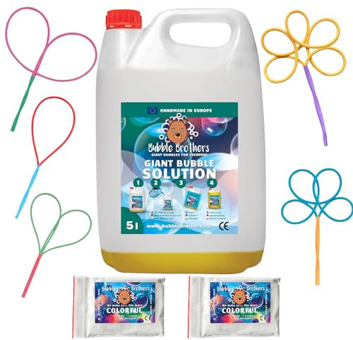 Bubble Brothers Seifenblasen Nachfüllflasche 5L Seifenblasenflüssigkeit Seifenblasenlösung Konzentrat für Riesenseifenblasen Stabile Seifenblasen (1 x 5L + 2 Pulver 5 Seifenblasenstäbe)