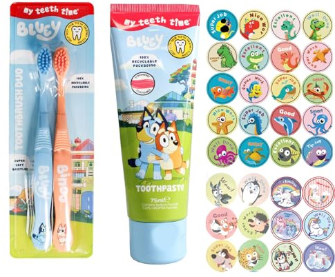 Bluey Toothbrush Duo & Toothpaste (Strawberry) with Homlix Reward 100 Stickers - Children Strawberry Toothpaste