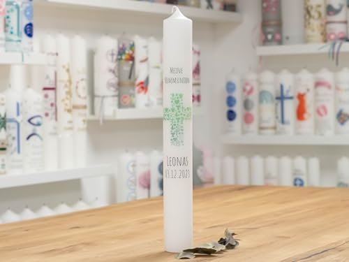 meinkerzenshop Kommunionkerze mit Designdruck Leonardo personalisiert mit Name und Datum, individuell für Junge und Mädchen