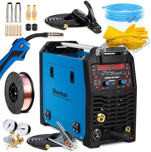 Sherman DIGIMIG 200 Pulse - 230 V 200 A Maquina de soldar de hilo sin gas y con gas 3 en 1 - Double Pulso, Sinergia - MIG MAG, MMA, TIG LIFT - Funciones: 2T/4T, Memoria de ajustes - Set Basic