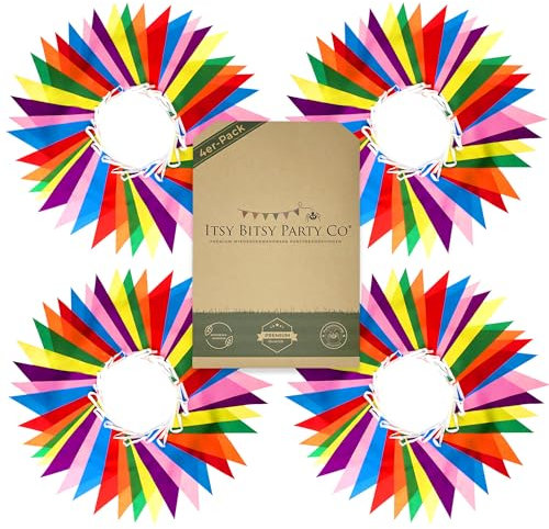 Guirnalda Banderines Fiesta Reutilizables - Arcoíris Decoración Exterior/Interior Tela Poliéster Impermeable 168 Banderas Vivas Banderolas 56m, 4 Unidades, de Itsy Bitsy Party Co.