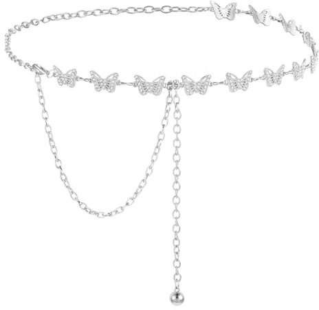 Amaxiu Ceinture de chaîne de taille pour femme, ceinture de chaîne de taille papillon en métal pour filles, réglable ceinture de chaîne à maillons de corps pour robes, jeans(argent)