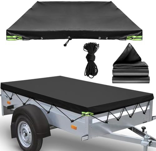 RANJIMA Anhängerplane Flachplane, 208x114x13cm Anhänger Flachplane mit Planenseil,Anhänger Plane Wasserdicht,PKW Anhänger Plane Abdeckung,PKW Hänger mit Planenhaken für Hänger,Autoanhänger Abdeckplane