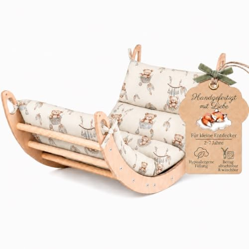 WoodsCraft Montessori Kletterspielzeug: Kletterbogen mit Kissen | hypoallergen Kissen für Kletterbogen, Kletterwippe, Holzwippe, Bogenwippe, holz Klettergerüst indoor, baby klettern indoor