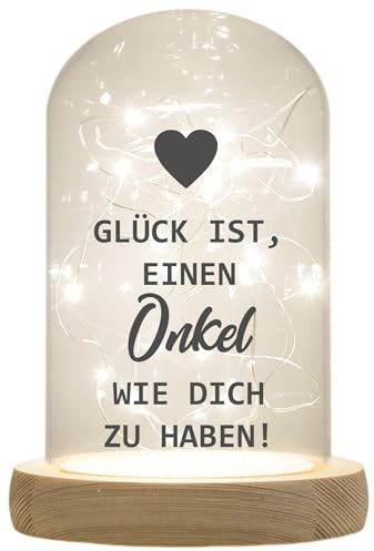 WB wohn trends LED-Glaskuppel, Glück ist einen Onkel wie Dich zu haben, 16,5x11cm, Glasglocke mit LED-Licht und Holz-Fuß LED-Laterne LED-Lampe mit Text Spruch