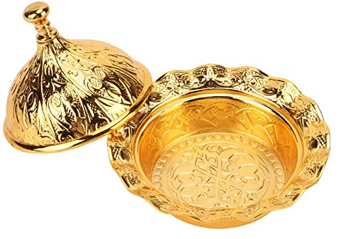 Hapivida Goldene Bonbonschale mit Deckel 9×7 cm Vintage Goldene Blumenprägung Dekorative Bonbonschale Türkisches Zuckerdose für Buffet, Party, Hochzeit, Heimdekoration