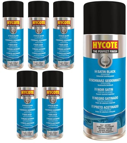 Hycote botes de pintura en spray para coches, secado rápido, negro satinado, 400 ml (pack de 6)