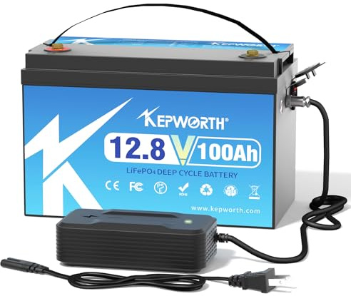KEPWORTH Bateria Litio 12V 100Ah Batería LiFePO4, 100A BMS, Baterias Solares para Caravana Energía de Respaldo Aplicación Fuera Red Barco Motor de Arrastre