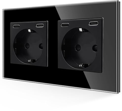 JIMEIDA Double prise USB-C 20 W PD, verre noir, 16 A, 157 x 86 mm | Prise, 2 prises USB-C 20 W PD, 16 A, panneau en verre, sécurité enfant, ignifuge, encastré, 157 x 86 mm, noir