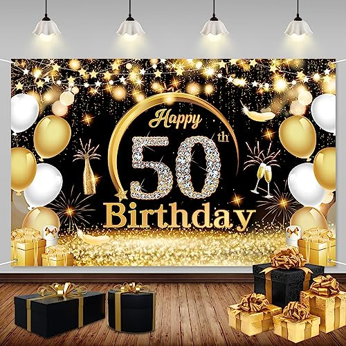 50 Jahre Geburtstagsdekoration, Schwarz und Gold, 50 Geburtstagsbanner, Fotohintergrund und Stoffposter für Feiern