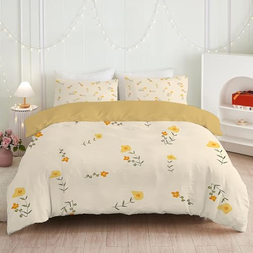 dyausi Blumen Bettwäsche 155x220 Gelb Beige, Botanique Bettbezug 2 teilig, Pflanzen Wend Bettwäsche Microfaser, Deckenbezug mit Reißverschluss und 1 Kissenbezug A125