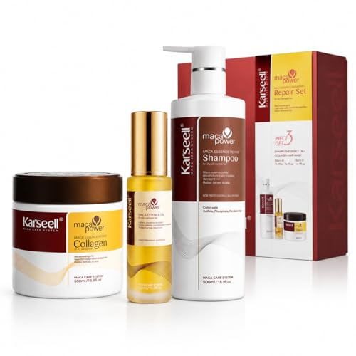 Karseell MACA CARE SYSTEM Pack Reparación Capilar Mascarilla Colágeno 500ml + Aceite de Argán 50ml + Champú 500ml Hidratación Profunda Nutrición Intensa Anti-Frizz Brillo Espejo Cabello Seco y Dañado