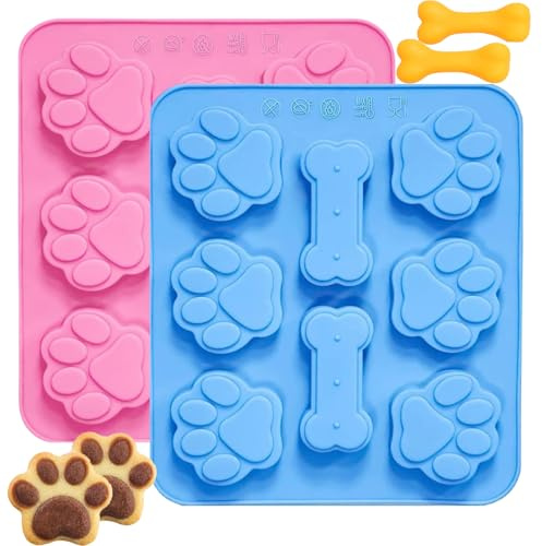 Hundepfote und Knochen Silikonformen (2er-Pack) – 2 in 1 Design, 8 Mulden pro Form (6 Pfoten+2 Knochen), lebensmittelecht für Hundeleckerli, Schokolade, Backen – Antihaftbeschichtet, leicht zu