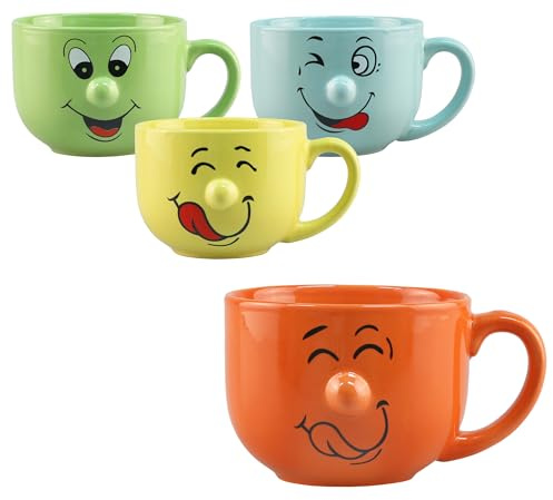 4-tlg. Set Lustige Tassen mit Gesicht - Kaffeetassen witzig - 500 ml | Kaffeebecher lustig - Tassen für Kinder - Becher Größe - Kindertassen