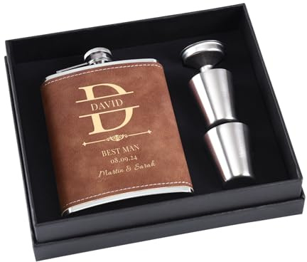 Personalisiertes Flachmann-Geschenk-Set für Trauzeugen, 237 ml, 304 Edelstahl, graviert, Flachmann für Hochzeit (braun)