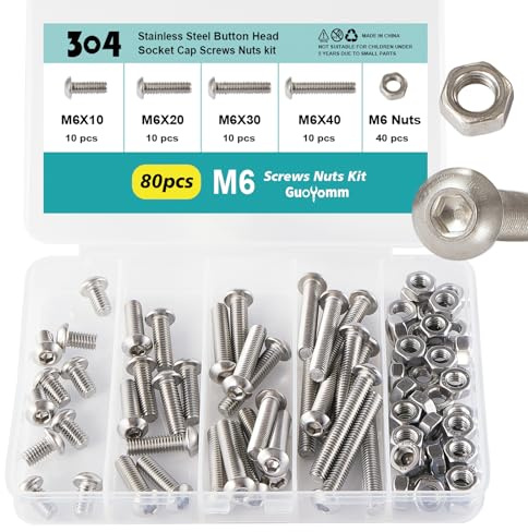 GuoYomm Set di viti M6, 80 pezzi, viti a esagono incassato a testa cilindrica, in acciaio inox 304, set di bulloni meccanici, in scatola combinata, lunghezza: 10 mm, 20 mm, 30 mm, 40 mm