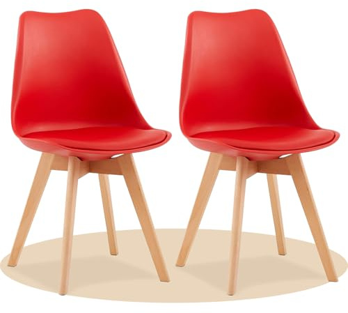 Dekohome Pack de 2 Sillas de Comedor, Sillas de Cocina con Respaldo Ergonómico, Asiento Acolchado Tapizado y Patas de Madera Maciza de Haya, Rojo